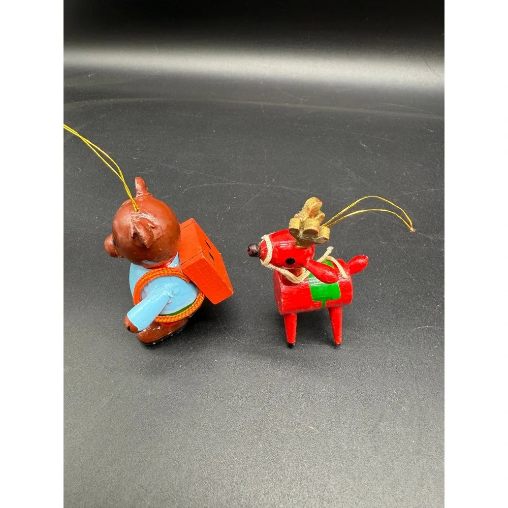 1980 R Dakin Wood Christmas Ornaments Bear‎ and Red Reindeer Pair San Francisco